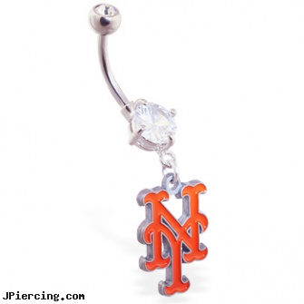 Belly Ring with official licensed MLB charm, New York Metts, belly jewery, celtic belly button rings, cute belly button rings, ear rings for helix, non pierced nipple rings