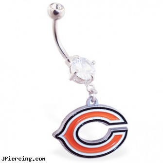 Belly Ring with official licensed NFL charm, Chicago Bears, hot belly ring, playboy belly rings, 10 gauge belly rings, nose navel tongue rings official playboy, wholesale licensed body jewelry
