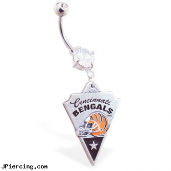 Belly Ring with official licensed NFL charm, Cincinnati Bengals, belly button ring pictures, after care of belly button piercing, dolphin belly button charm ring, starter earrings for piercings, tongue ring information
