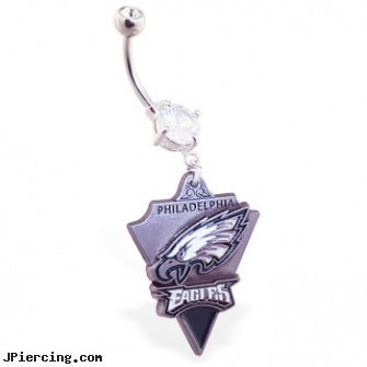 Belly Ring with official licensed NFL charm, Philadelphia Eagles, care of belly rings, gold belly button jewelry, picture inlay belly button rings with swastika logo, christina nipple ring, nose navel tongue rings official playboy