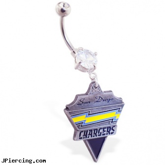 Belly Ring with official licensed NFL charm, San Diego Chargers, ohio state logo belly button rings, grateful dead belly ring, buy belly button jewelery, temporary nipple rings, nose navel tongue rings official playboy