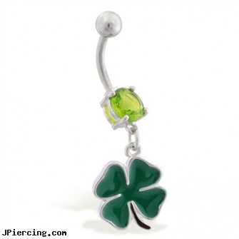 Belly ring with small dangling four leaf clover, 916 belly button jewelry, belly button ring gold reverse, belly button rings discount, impotency and cock ring, men pictures in cock rings