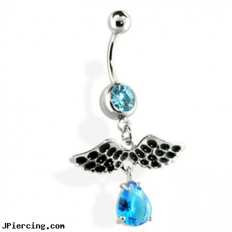 Belly Ring with Teardrop and Wing Dangle, belly button piercing safty, dragon belly ring, best sales on belly rings, cock and ball ring, tongue ring no pierce