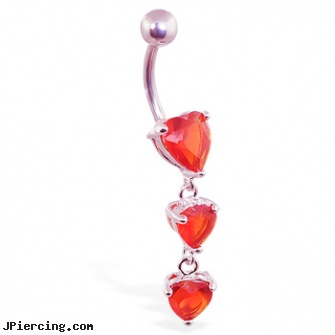 Belly ring with triple red heart dangle, garfield belly button rings, picture inlay belly button rings, opal belly ring, fake nipple rings, stainless steel triple cock ring