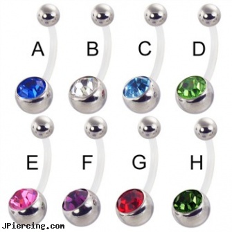 Bioplast double jeweled  belly button ring with steel balls, double braided nipple ring, double navel peircing picture, double lobe peircing, jeweled navel slave rings, 18g jeweled labrets