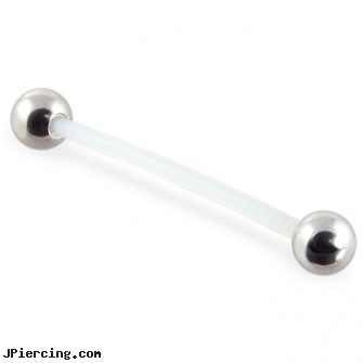 Bioplast (industrial) straight barbell with steel balls, 14 ga, industrial strength body jewelry, industrial piercing directions, industrial piercing retainers, straight pin nose rings, straight barbell clear retainer