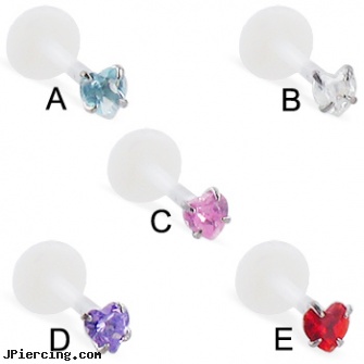 Bioplast push-in labret stud with 4-prong heart gem, cock ring with push button release, penis ring with push button, push cock ring, tony virgins piercings labret, flashing labret