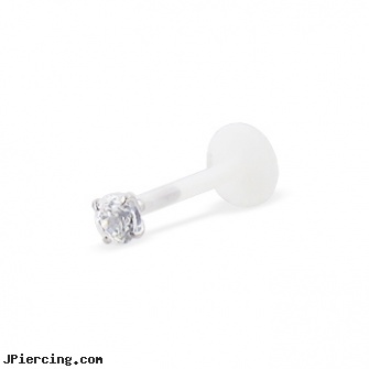 Bioplast Push-In Labret Stud With 4-Prong Round Gem,Length/Stone Size,10Mm (3/8\") Length With 3Mm Stone, cock ring with push button release, penis ring with push button release, penis ring with push button, labret needle, porky pine labret ring