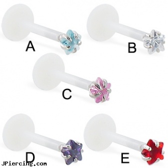 Bioplast push-in labret stud with 4-prong star gem, penis ring with push button release, push cock ring, cock ring with push button release, flower shaped labret jewerly, labret studs