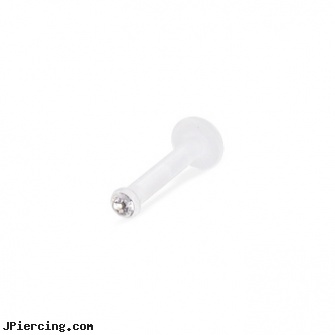 Bioplast push-in labret with clear gem, 14 ga, push cock ring, penis ring with push button, penis ring with push button release, labret pericings, labret jewlery