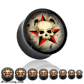 Black acrylic saddle plug with girly skull and star, black penis, jack black lord of the cock rings video spoof, black line, acrylic tapers, acrylic bodyjewelry