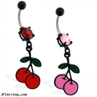 Black coated belly ring with dangling colored cherries, labret jewelry black, jack black lord of the cock rings video spoof, black studs, belly ring gallery, belly button piercings aftercare