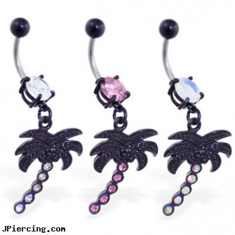 Black coated belly ring with dangling jeweled palm tree, jack black lord of the cock rings video spoof, black studs, black penis, themed belly button rings, infected belly button piercing pictures