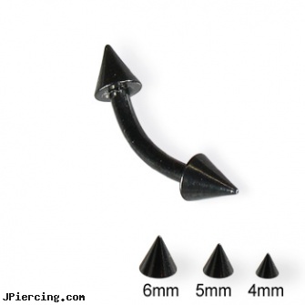 Black curved barbell with cones, 14 ga, black body jewelry, black penis piercing pic, black line titanium body jewelry jewelry nipple, curved earrings screw balls, 14g curved spike eyebrow ring