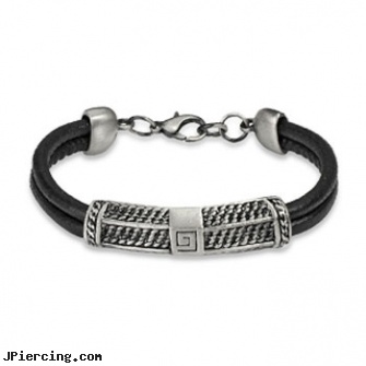Black Double String Leather Bracelet With G Scaled Steel Center Charm, black line, black cat tattoo and body peircing, black line titanium body jewelry jewelry nipple, double captive ring body jewelry, double gem belly button rings