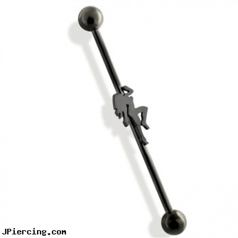 Black Industrial Barbell with Sexy Dancer, 14ga, jewelry black studs, black penis piercing, jack black lord of the cock rings video spoof, industrial piercing information, industrial strength body jewelery
