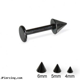 Black labret with cone, 14 ga, black studs, black cat tattoo and body peircing, black market body jewelry, gold labret, cheap under 10 labrets