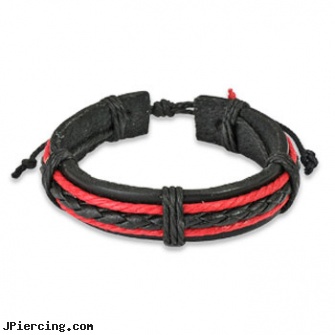Black Leather Bracelet With Black & 2 Red Braids, jewelry black studs, jack black lord of the cock rings video spoof, black penis, leather or rawhide cock rings, leather cock rings