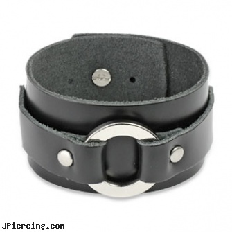 Black Leather Bracelet With Buckle Ring Design, black female genital piercings, black hole body peircing, black titanium labret, leather body jewellery, leather cock rings