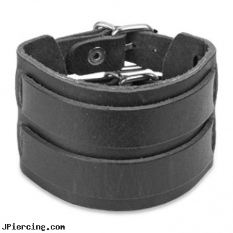 Black Leather Bracelet with Double Strap Belt Buckle, black clitoris, black titanium labret, black penis piercing, leather cock rings, leather body jewellery