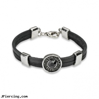 Black Leather Bracelet With \'Love Strauss\' Steel Accent With Gem, jack black lord of the cock rings video spoof, black hole body piercing, black pussy photos, leather or rawhide cock rings, leather cock rings