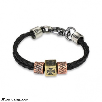 Black Leather Braided Double Strings Bracelet With Celtic Cross & Scaled Steel Charm, blackhole body piercing, black cat tattoo and body peircing, black line titanium body jewelry jewelry nipple, leather body jewellery, leather or rawhide cock rings