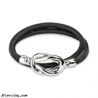 Black Leather Double Loop Bracelet With Steel Knot Closure Design, black market body jewelry, jack black lord of the cock rings video spoof, black clit, leather body jewellery, leather or rawhide cock rings