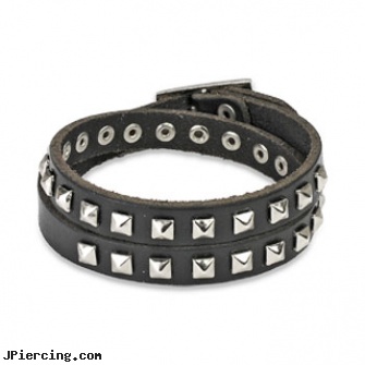 Black Leather Double Wrap Bracelet With Pyramid Studs, 10 gauge black nipple ring, black onyx navel ring, jack black lord of the cock rings video spoof, leather body jewellery, leather or rawhide cock rings