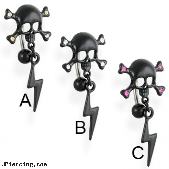 Black Skull Belly Ring With Dangling Lightening Bolt, black and blue titainum tongue rings, labret retainer without black dot, black cock, skull labrets, skull belly button ring