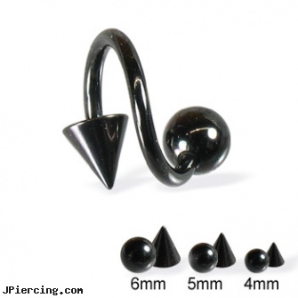 Black spiral barbell with ball and cone, 14 ga, black and blue titainum tongue rings, black market body jewelry, black studs, spiral barbell, spiral piercing