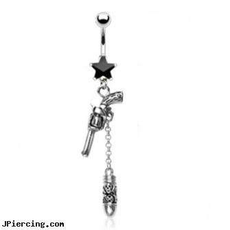 Black star navel ring with dangling skull bullet and gun, labret jewelry black, black hole body piercing, black body piercing jewelery, how to get started making body jewelry, star labret
