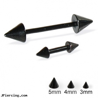 Black straight barbell with cones, 16 ga, black whole body piercing, black cat tattoo and body peircing, black onyx navel ring, straight barbell clear retainer, internally threaded straight barbells