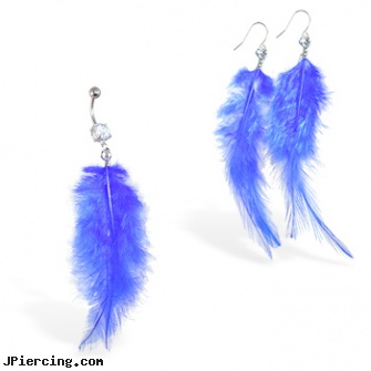 Blue Feather Belly Ring and Earring Set, body jewelry blue heart, black and blue titainum tongue rings, belly button stud, piercing your belly buttonpictures, belly button ring opinion