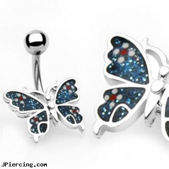 Blue glitter butterfly belly button ring, black and blue titainum tongue rings, body jewelry blue heart, glitter bitch, butterfly vagina tatoo piercing, uv butterfly gem navel belly ring
