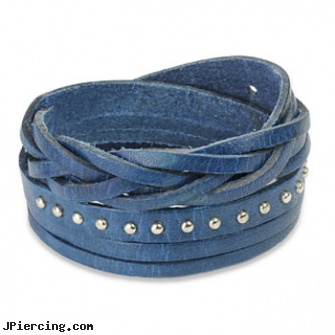 Blue Leather Multi-Wrap Bracelet With Multi Studded Weaved End Design, body jewelry blue heart, black and blue titainum tongue rings, leather body jewellery, leather or rawhide cock rings, leather cock rings