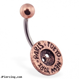 Brass Button Belly Ring With Words \"Paris, Tokyo, New York\", aerosmith belly button rings, hello kitty belly button rings, belly button piercing places new york, wholesale sari salwar belly india jewelry, pierced cock rings