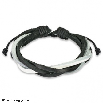 Brown Leather Bracelet With 5 Entangled Black And White Strips, brown ring around penis, brown ring on penis, brown penis ring, leather cock rings, leather or rawhide cock rings