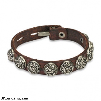 Brown Leather Bracelet With 9 Roman Style Accent Studs, brown ring around penis, brown penis ring, brown ring on penis, leather body jewellery, leather or rawhide cock rings