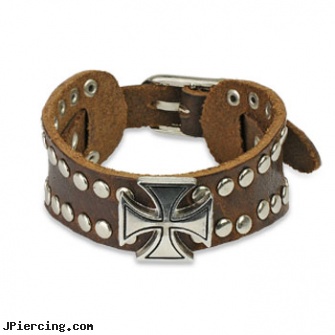 Brown Leather Bracelet With Celtic Cross And Multi Dome Studs, brown penis ring, brown ring around penis, brown ring on penis, leather cock rings, leather body jewellery