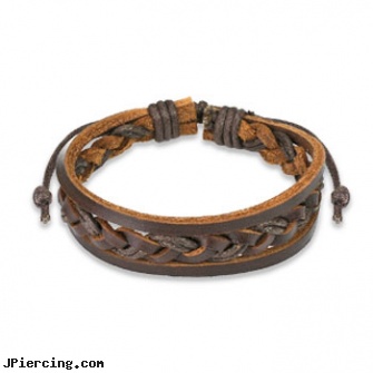 Brown Leather Bracelet With Double Strings Weaved Center, brown ring on penis, brown ring around penis, brown penis ring, leather cock rings, leather or rawhide cock rings
