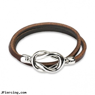 Brown Leather Double Loop Bracelet with Steel Knot Closure Design, brown ring on penis, brown penis ring, brown ring around penis, leather or rawhide cock rings, leather cock rings