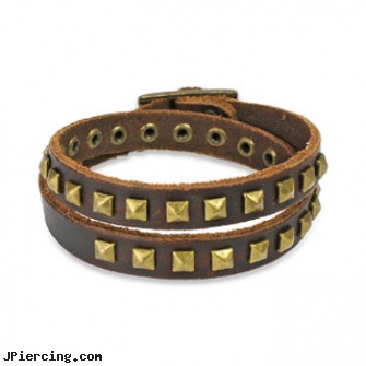 Brown Leather Double Wrap Bracelet With Pyramid Studs, brown penis ring, brown ring on penis, brown ring around penis, leather body jewellery, leather or rawhide cock rings
