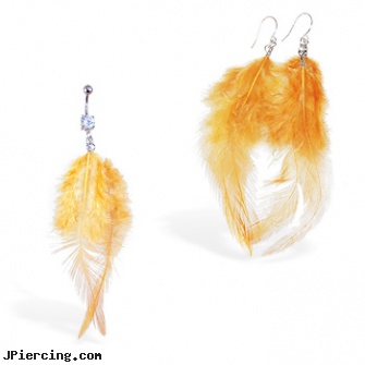 Burnt Orange Feather Belly Ring and Earring Set, orangevale ca body piercing shops permanent attractions, belly button percing, belly ring percing stories, whole sale belly rings, tongue ring kinky
