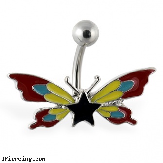 Butterfly navel ring with star and multi-color wings, uv butterfly gem navel belly ring, butterfly rings, iron butterfly body piercings shop, 14 karat 16 guage navel rings, custom navel rings
