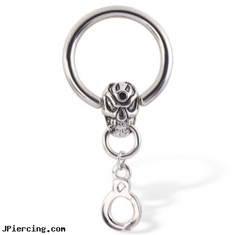 Captive Bead Ring with Skull And Handcuffs, 12 Ga, body and jewelry and captive and beads, captive bead, captive bead ring, derek jeter tongue ring, chrome inch teardrop metal cock ring
