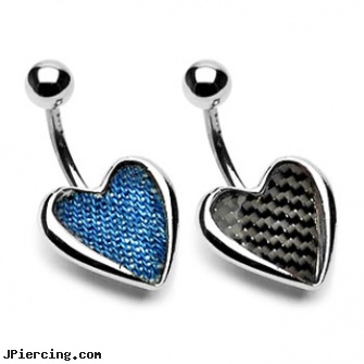 Carbon fiber and denim heart belly ring, carbon fiber nipple rings, heart shaped belly button ring, heart pics, tongue piercing and hole in the heart, belly piercing yes in islam fatwa