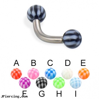 Checkered ball titanium curved barbell, 12 ga, cock ring placement balls penis, wholesale ball tounge rings, cock and ball piercing, nipple rings titanium, titanium navel belly rings