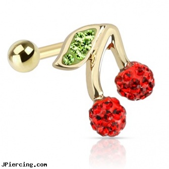 Cherry with Red And Green CZ Gold Toned Stainless Steel Tragus, gold body jewelry, gold hoop earrings body jewelry, 14k gold navel rings, 8-ga cbr or bcr stainless piercing 1-, stainless steel cock ring