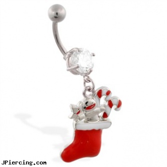 Christmas Belly Ring with Dangling Stocking, christmas belly navel rings, christmas belly button rings, christmas belly rings, pierced belly button jewelry, belly ring display cases