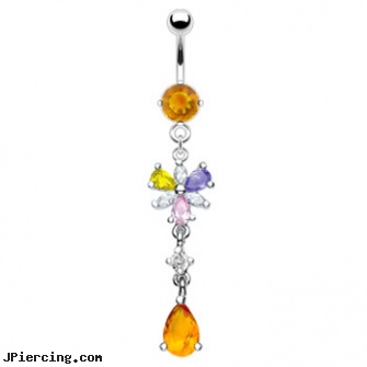 Citrine colored jeweled belly ring with dangling multi-color flower and citrine stone, colored heavy gauge tongue barbells, colored nipple barbells, ear piercing flesh colored hider jewlery, 18g jeweled labrets, jeweled navel slave rings
